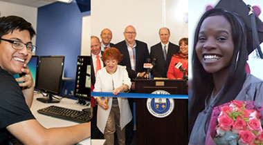 Student by computer, ribbon cutting and graduate