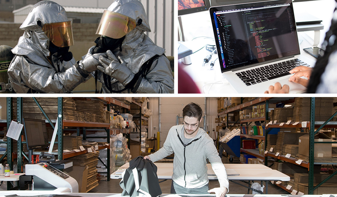 collage of people in firesuits, computer with code, and man in cutting room with fabric