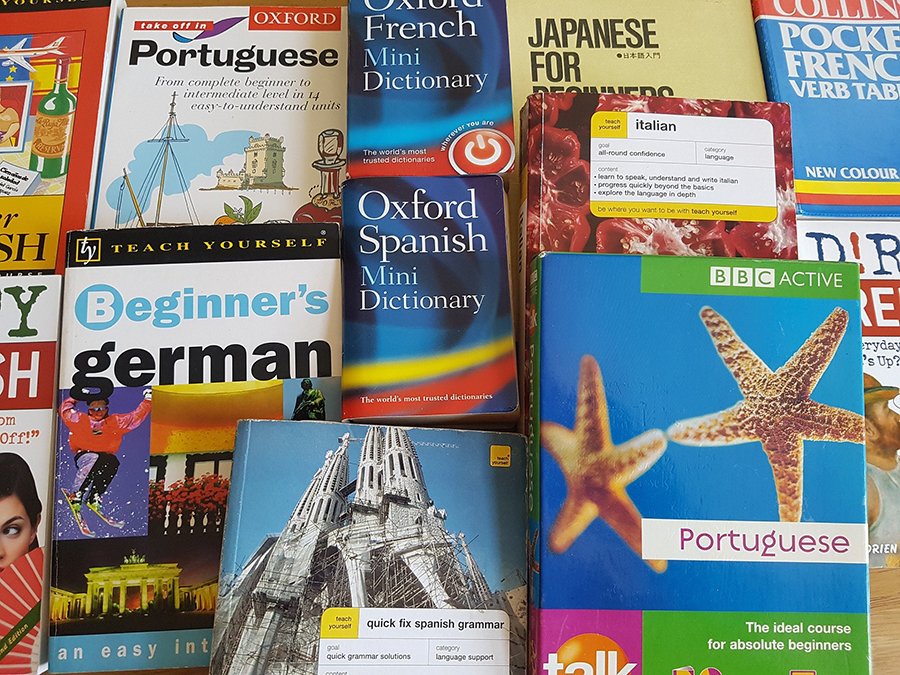 various language instructional books with colorful covers