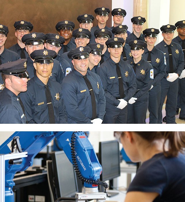 Police Academy Graduates and Advanced Manufacturing woman at work 